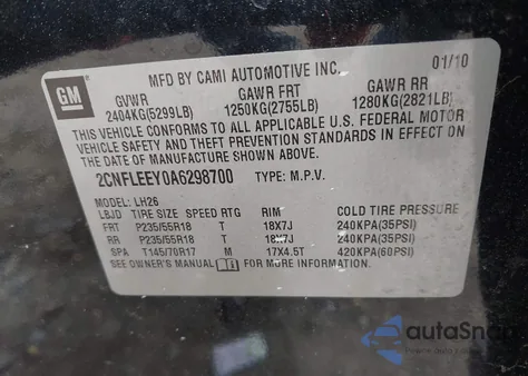 2010 Chevrolet Equinox Lt from USA, damaged, VIN 2CNFLEEY0A6298700
